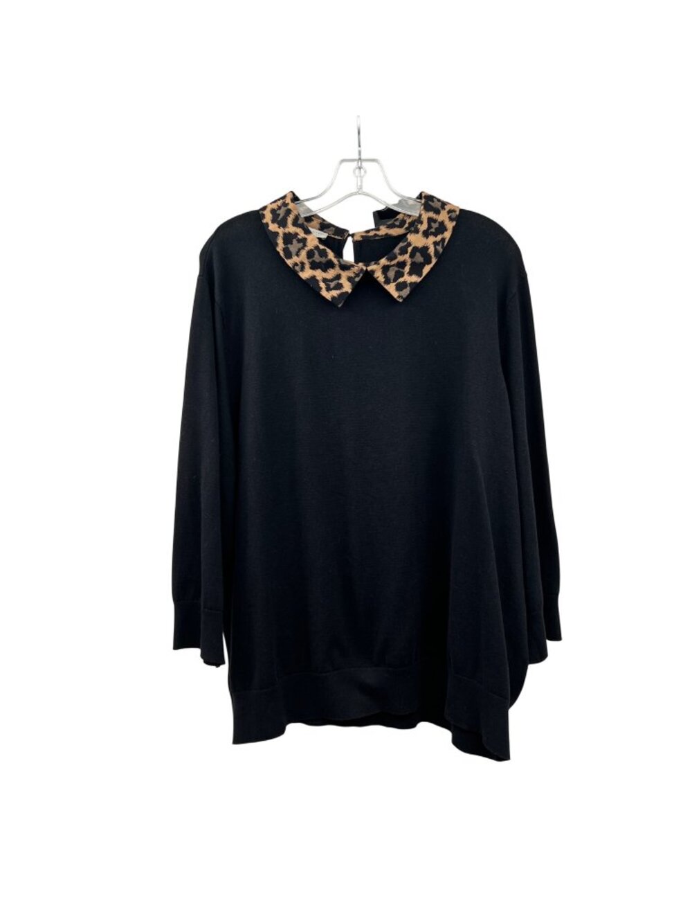 Talbots Plus Collared Sweater Black/Leopard Lightweight Keyhole Size 3X